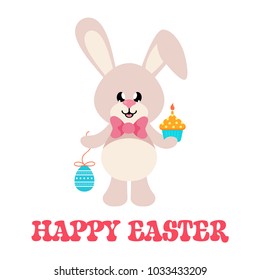 cartoon easter bunny with tie and easter egg and cake with text
