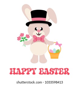 cartoon easter bunny with tie and hat and basket easter egg and flowers with text