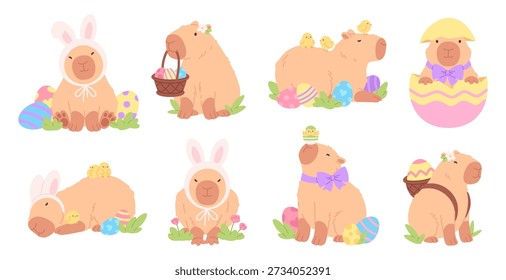 Caricatura de capibara de Pascua. Capy conejito personajes divertidos. Capibaras con pollo, cesta de mimbre con huevos decorativos, en sombrero con orejas de conejo, juego de Vector picante
