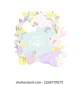 Tarjeta de pascua de caricatura con cubo de abrazo de conejito