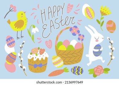 Caricatura Tarjeta de Pascua con flores, huevos, caramelos, polluelos y banny. Colores pasteles. Concepto de celebración de fiestas internacionales. Ilustración vectorial plana aislada en fondo azul. Conjunto de objetos bonitos.