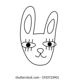 Cartoon easter card sign simple line rabbit. Vector doodle illustration. Cute funny hand drawn sketch line shapes. Isolated on a white background.
