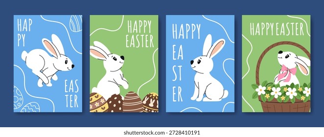 Cartoon Easter cards with cute bunnies set. Doodle vector collection of posters with bunnies and Easter eggs. Cute spring Easter illustrations.