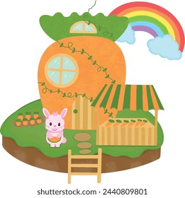 The cartoon Easter carrot house with a carrot garden and rabbit There are blue clouds and colorful rainbows.	
