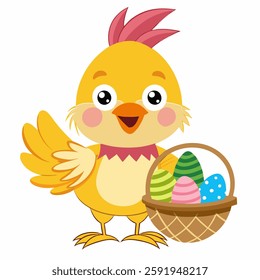 cartoon сute Easter chick with a basket of Easter eggs. Greeting card Happy Easter for decorative, banner, poster,card. Vector illustration on white background 