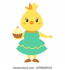 Cartoon Easter chick in a green dress holding an Easter cake. Greeting card Happy Easter for decorative, banner, poster, card. Vector illustration on white background