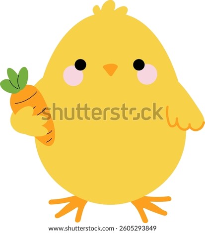 A cartoon Easter chick holding a carrot. Playful character