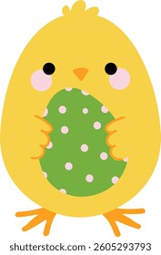 A cartoon Easter chick holding a egg. Playful cartoon character