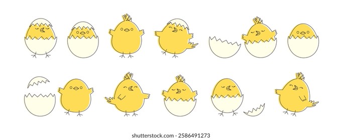 Cartoon Easter chicken, cute chick and egg shell, baby bird hatch, funny yellow character, spring small kid hen set isolated on white background. Drawing vector illustration