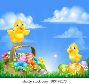 Cartoon Easter Chicks baby chicken birds, chocolate painted Easter Eggs, spring flowers and Easter basket in a field with sun rising.