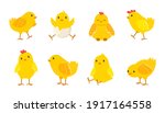 Cartoon Easter chicks. Cute baby farm birds with yellow feathers. Cheerful little chickens and roosters activities. Funny domestic animals hatched from eggs. Isolated newborn poultry, vector set