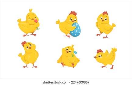 Cartoon Easter chicks. Cute baby farm birds with yellow feathers. Cheerful little chickens and roosters activities. Funny domestic animals hatched from eggs.