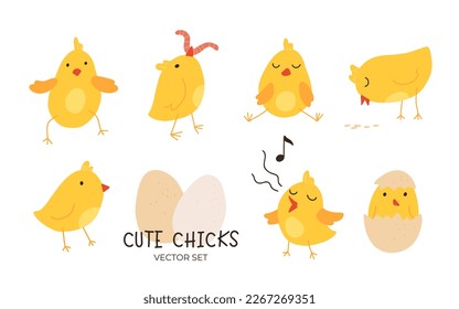 Cartoon Easter chicks. Cute baby farm birds with yellow feathers. Cheerful little chickens and roosters activities. Funny domestic animals hatched from eggs. Isolated newborn poultry, vector set