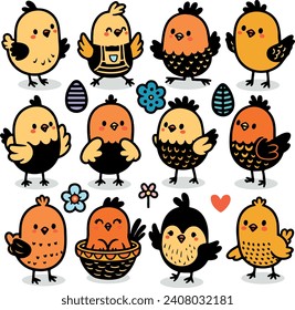 Cartoon Easter chicks. Cute baby farm birds with yellow feathers. Cheerful little chickens and roosters activities. Funny domestic animals hatched from eggs. Isolated newborn poultry, vector set