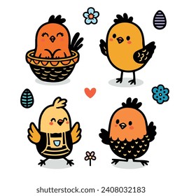 Cartoon Easter chicks. Cute baby farm birds with yellow feathers. Cheerful little chickens and roosters activities. Funny domestic animals hatched from eggs. Isolated newborn poultry, vector set