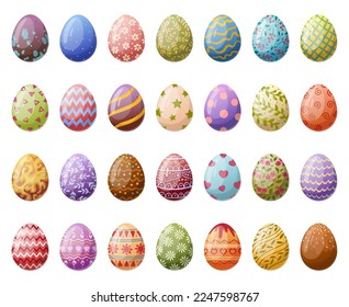 Cartoon easter chocolate eggs. Traditional painted eggs, spring holiday egg hunt game, Easter colorful decoration flat vector illustration set. Spring surprise eggs