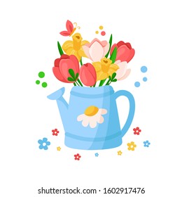 Cartoon Easter Day - blue watering can with leaves and spring flowers, floral bouquet - tulip, narcissus, daffodil, holiday illustration isolated on white, ideal for greeting cards, posters - vector
