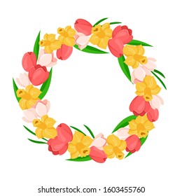 Cartoon Easter Day - floral easter wreath or spring flowers frame with tulip, daffodil, green leaves, floral bouquet isolated on white, ideal for cute greeting postcards, prints, posters - vector