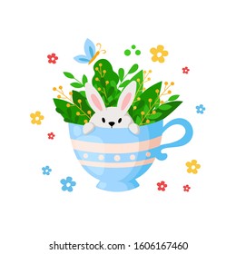 Cartoon Easter Day - funny rabbit in tea cup with leaves and spring flowers, floral bouquet, kids holiday illustration isolated on white, ideal for cute greeting postcards, prints, posters - vector
