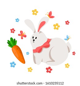 Cartoon Easter Day funny rabbit and carrot, leaves, spring flowers and butterfly, funny cartoon character - kids illustration isolated on white, ideal for greeting postcards, prints, posters - vector