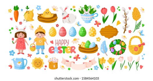 Cartoon Easter Day, kids boy girl in costumes, easter eggs, spring flowers, rabbit, chiken, willow branch, floral wreath, lettering, cake, isolated on white for cards, print, your designs - vector
