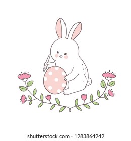 Cartoon Easter day rabbit and colorful egg vector.