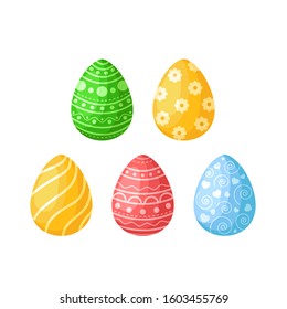 Cartoon Easter Day, set of decorated colorful easter eggs isolated on white background, pink, green, yellow and blue eggs witn ornament, ideal for postcards, prints, posters, patterns - vector