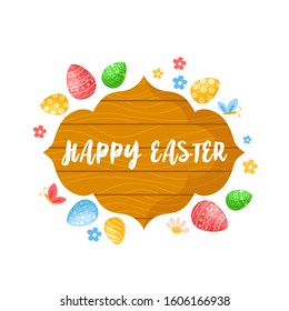Cartoon Easter Day - wooden tablet or sign with text, easter eggs and spring flowers, kids holiday composition isolated on white, ideal for cute greeting postcards, prints, posters - vector