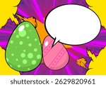 Cartoon Easter Egg with blank speech bubble, comic book Easter Egg background. Retro vector comics pop art design.