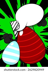 Cartoon Easter Egg with blank speech bubble, comic book Easter Egg background. Retro vector comics pop art design.