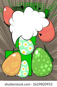 Cartoon Easter Egg with blank speech bubble, comic book Easter Egg background. Retro vector comics pop art design.