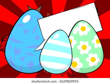 Cartoon Easter Egg with blank speech bubble, comic book Easter Egg background. Retro vector comics pop art design.