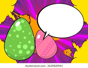 Cartoon Easter Egg with blank speech bubble, comic book Easter Egg background. Retro vector comics pop art design.