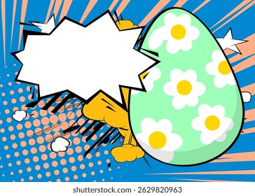 Cartoon Easter Egg with blank speech bubble, comic book Easter Egg background. Retro vector comics pop art design.