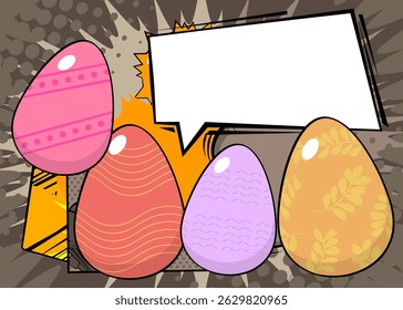 Cartoon Easter Egg with blank speech bubble, comic book Easter Egg background. Retro vector comics pop art design.