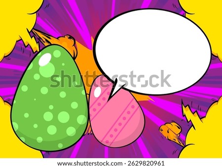 Cartoon Easter Egg with blank speech bubble, comic book Easter Egg background. Retro vector comics pop art design.