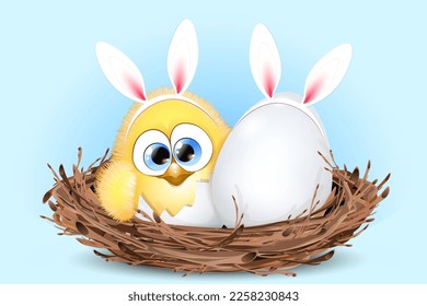 Cartoon Easter Egg and chick in birds nest with rabbit ears headband