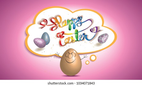 Cartoon of Easter egg with Happy Easter ribbon painted in rainbow colors,eggs and confetti in a thinking cloud isolated on a purple background.Vector illustration.