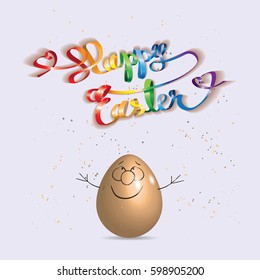 Cartoon of Easter egg with Happy Easter ribbon in rainbow colors and confetti isolated on a light background. Vector illustration.