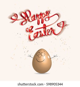 Cartoon of Easter egg with Happy Easter ribbon and confetti isolated on a light background. Vector illustration.