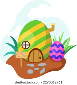 Cartoon easter egg house on white background