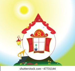 Cartoon easter egg house on green background, vector illustration