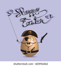 Cartoon of Easter egg as a pirate with gun,sword and Happy Easter banner isolated on a purple background. Vector illustration.