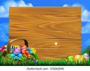 Cartoon easter eggs basket sign scene with a basket of chocolate Easter eggs in a field with a big wooden sign