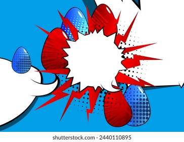 Cartoon Easter Eggs with blank speech bubble, comic book Holiday Invitation background. Retro vector comics pop art design.