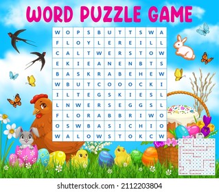 Cartoon Easter eggs, chickens and green meadow word search puzzle game vector worksheet. Kids quiz square grid with English alphabet letters, kids education crossword with find hidden words task