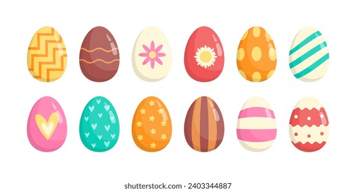 Cartoon Ostereier Sammlung. Farbige festliche Vektorgrafik für Osterfeiern. Eier einzeln auf weißem Hintergrund.