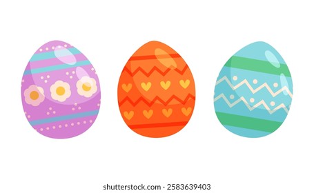 Cartoon Easter eggs collection, colourful decorated eggs with decoration patterns on white background. Flat illustration.