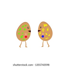 cartoon Easter eggs with colorful patterns in boxing gloves are going to beat the concept of holiday and tradition
