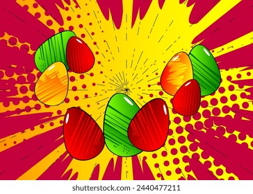 Cartoon Easter eggs, comic book Festive background. Retro vector comics pop art design.